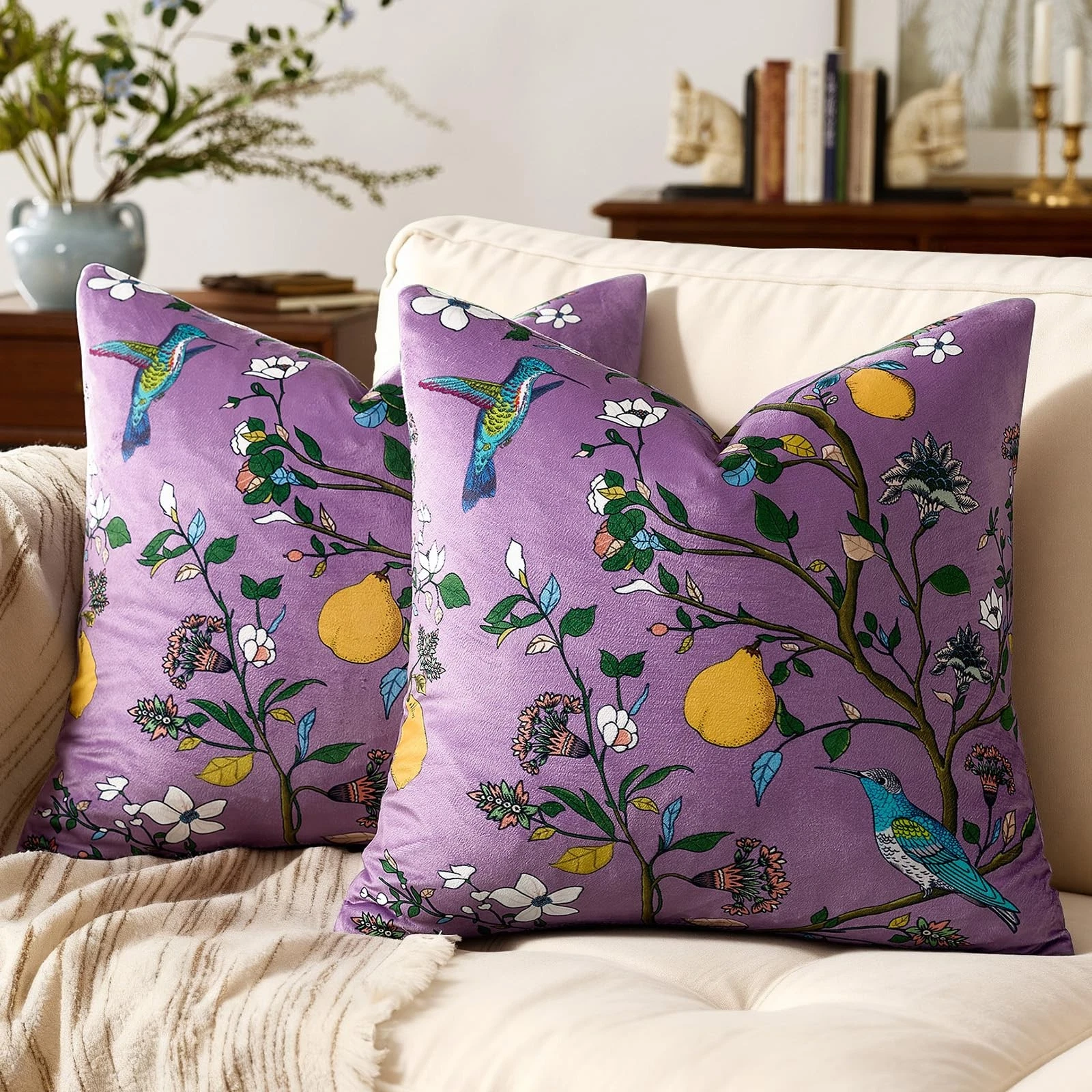MUSSEL Light Purple Floral Pillow Covers 18x18 Set of 2, Velvet Wild Flower Plan
