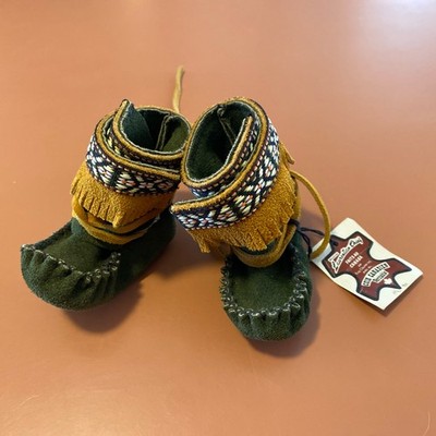 NOS Laurentian Chief toddler mocassins, bookies, green, ankle fringe, braided, 3