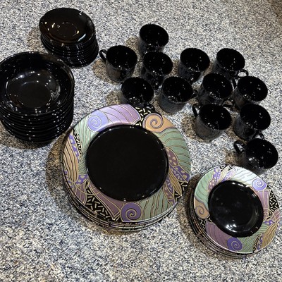 Vintage 1990s Arcoroc France Tampico Black Glass 60 PC Dinnerware