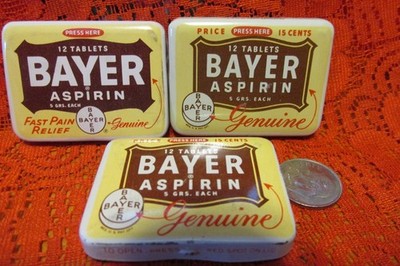3 vintage Bayer Aspirin tins Sterling Drug Inc, NY,USA empty