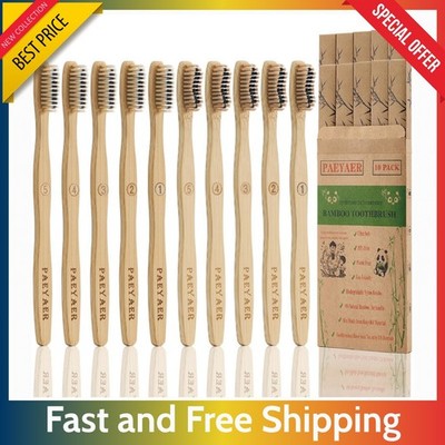 10 Pack Bamboo Toothbrushes   Charcoal Soft & Medium Bristles, Eco Friendly Wood