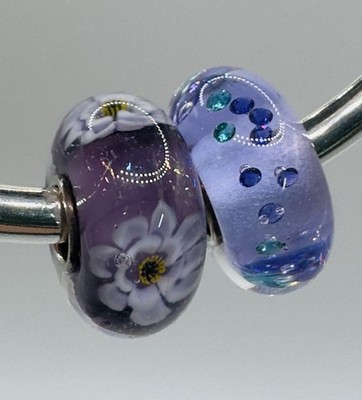 New Elfbeads Duo Set Glass Beads Flowers  & Galaxy Cz s Blues & Purple