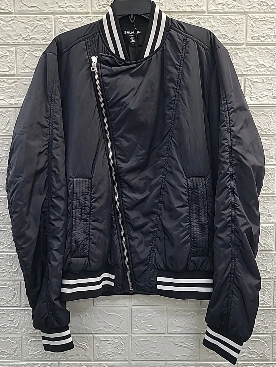 Balmain — NEW Balmain Asymmetric Logo-Printed Bomber Jacket - Black Size 48