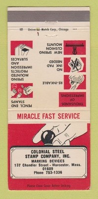 Matchbook Cover - Colonial Steel Stamp Worcester MA 30 Strike