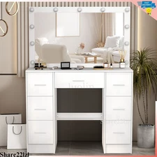 Vanity Set with Led Lights Makeup Desk Dressing Mirror Dresser Table w/ 7 Drawer