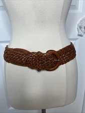 Vtg Womens Belt Brown Leather Braided Woven Wide Made in Turkey Boho Hippie Sz L