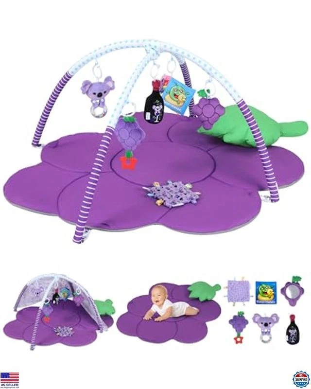 Oversized 9-in-1 Grape Baby Play Gym Mat with Sunshade & 6 Washable Sensory Toys