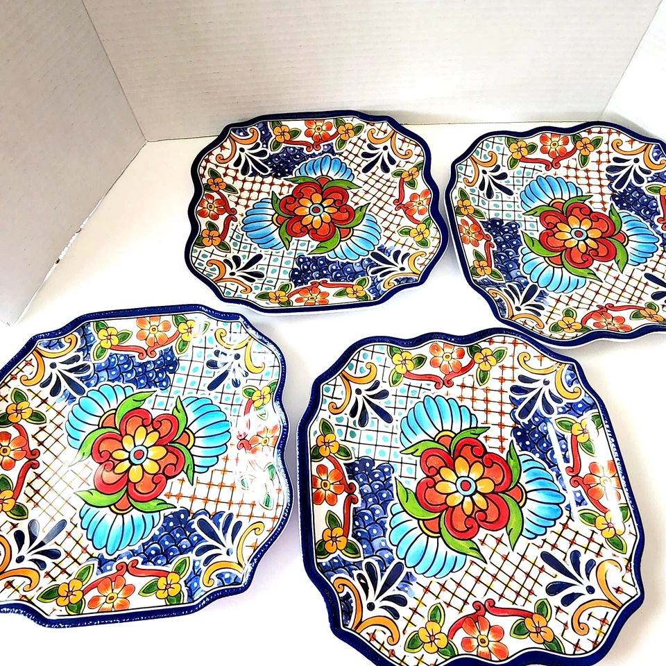 IL Mulino Platos Azulejos Españoles 4 Ensalada y 1 Cena Azul MELAMINA Cuadrado Floral Foto 2 de 4