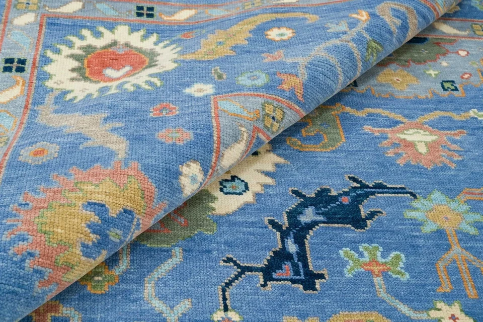 Alfombra azul Oushak 9x12 alfombra contemporánea para sala de estar hecha a mano color azul viejo Foto 3 de 4