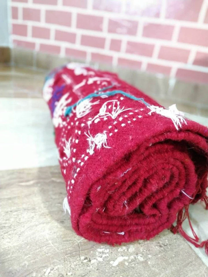 Moroccan Hooked Rug 3x5 ft, 100% Soft Wool Solid Natural Off red rug Carpet hand - Image 3 of 4