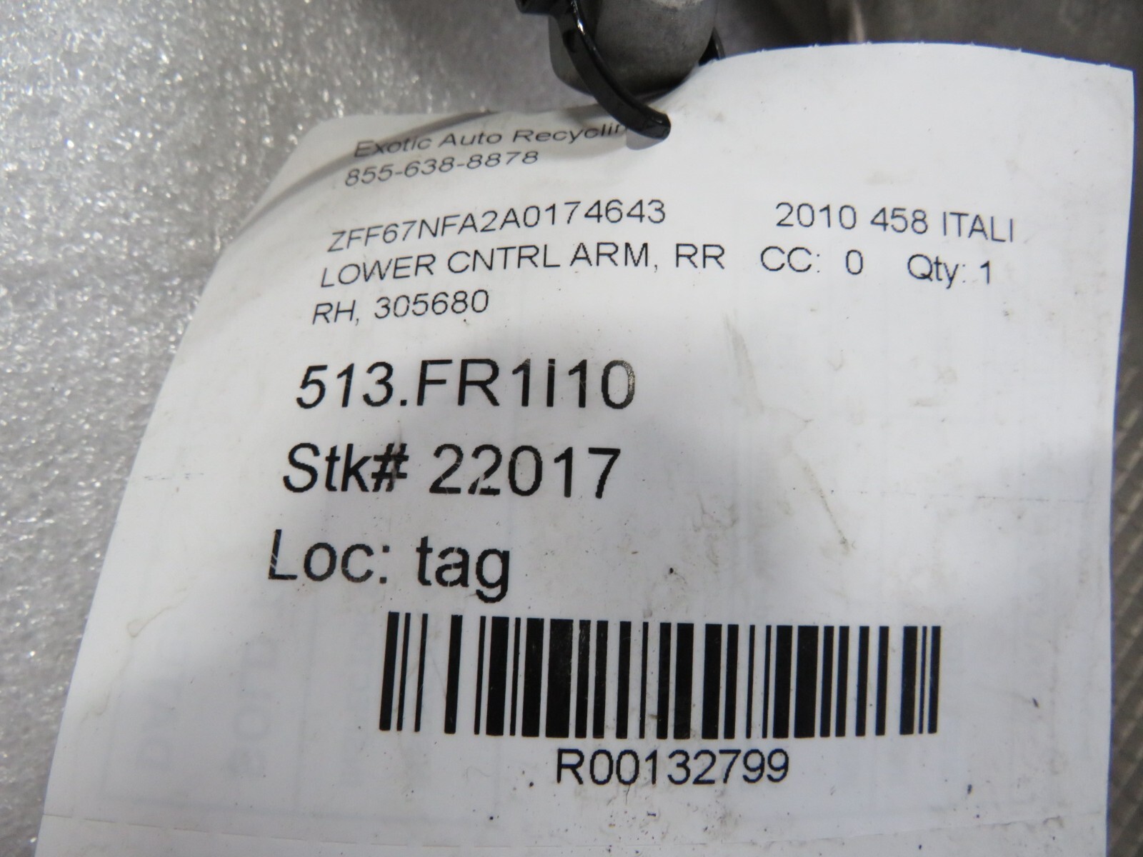 Ferrari 458, California, RH, Right, Rear Lower Control Arm, Used, P/N 305680