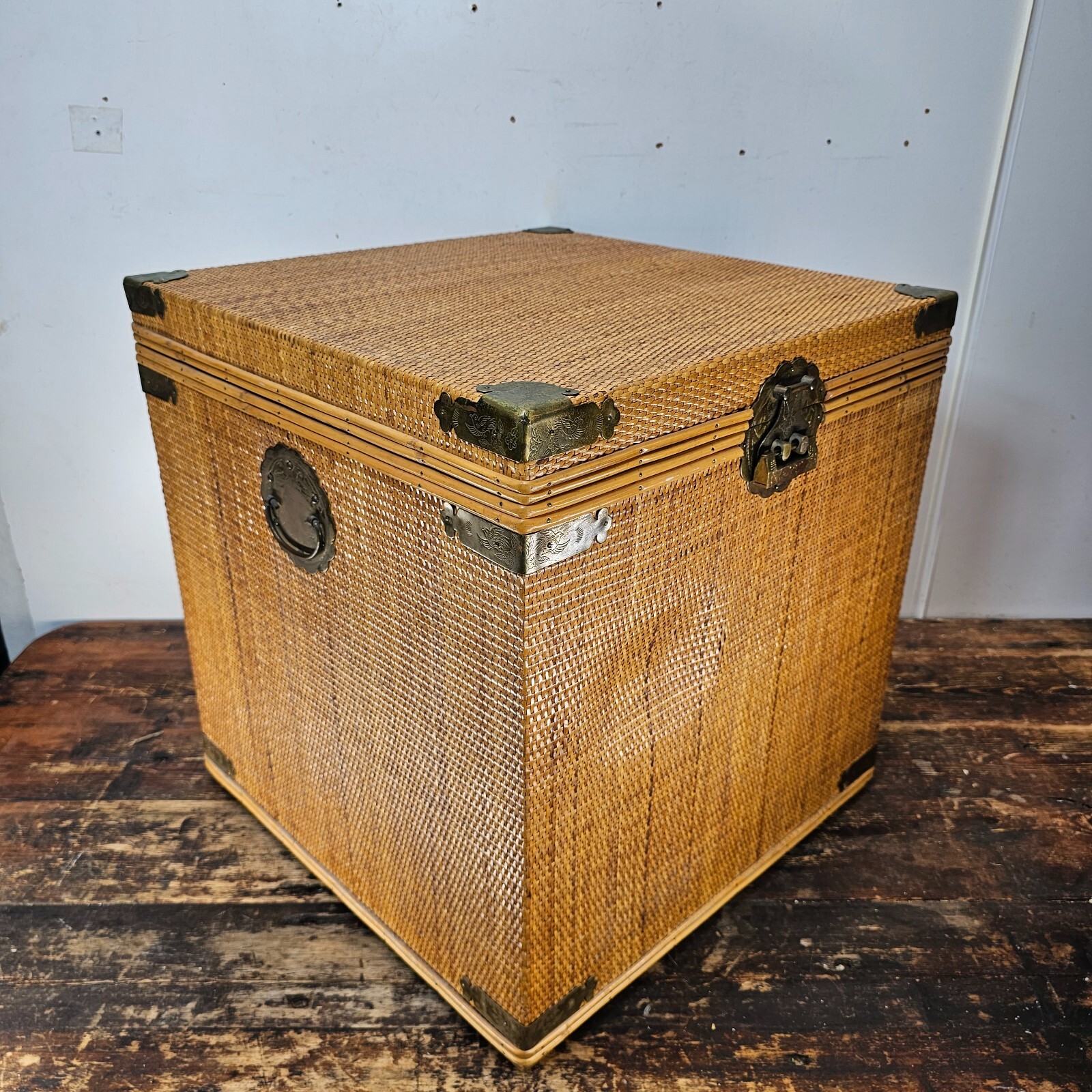 Vintage Wicker & Brass Chinoiserie Chest Trunk From Hong Kong 20"L x 20"W x 21"H