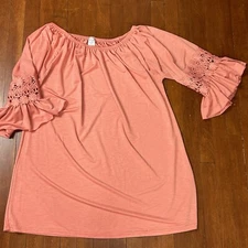 Win Win Ruffle Sleeve L-XL Peach Bell Sleeve Lightweight Stretch Tunic BOHO