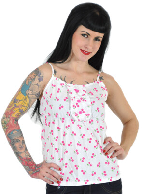 CHERRIES Kirschen RETRO Lolita BABYDOLL Träger Top Shirt Weiß / Pink Rockabilly