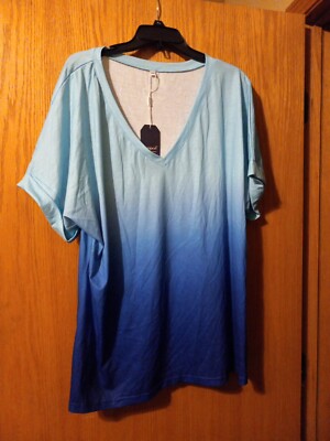 Sampeel Womens Vneck Short Cuffed Sleeve Shirt 2 Toned Blue 2XL 95%Poly/5 spandx