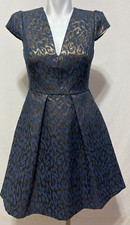Vince Camuto Women 2 Dress Jacquard Fit & Flare Navy Gold Mini Pleated New NWT