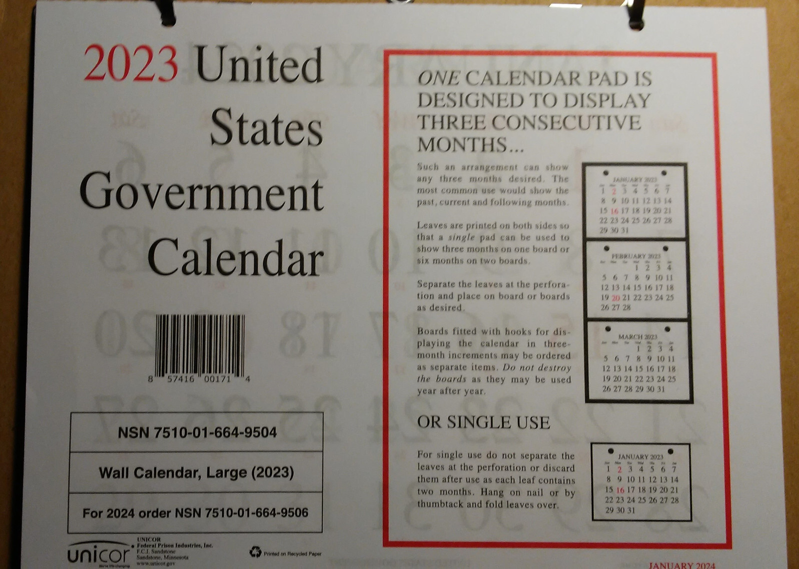 2023 US government wall calendar (single) NSN 7501-01-664-9504 857416001714  | eBay