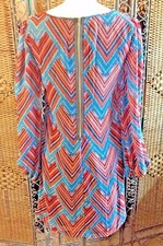 DRESS Y2K Blue Black Red Shift Boho Aztec Geo SHEER SLEEVE FIRE Los Angeles NEW!
