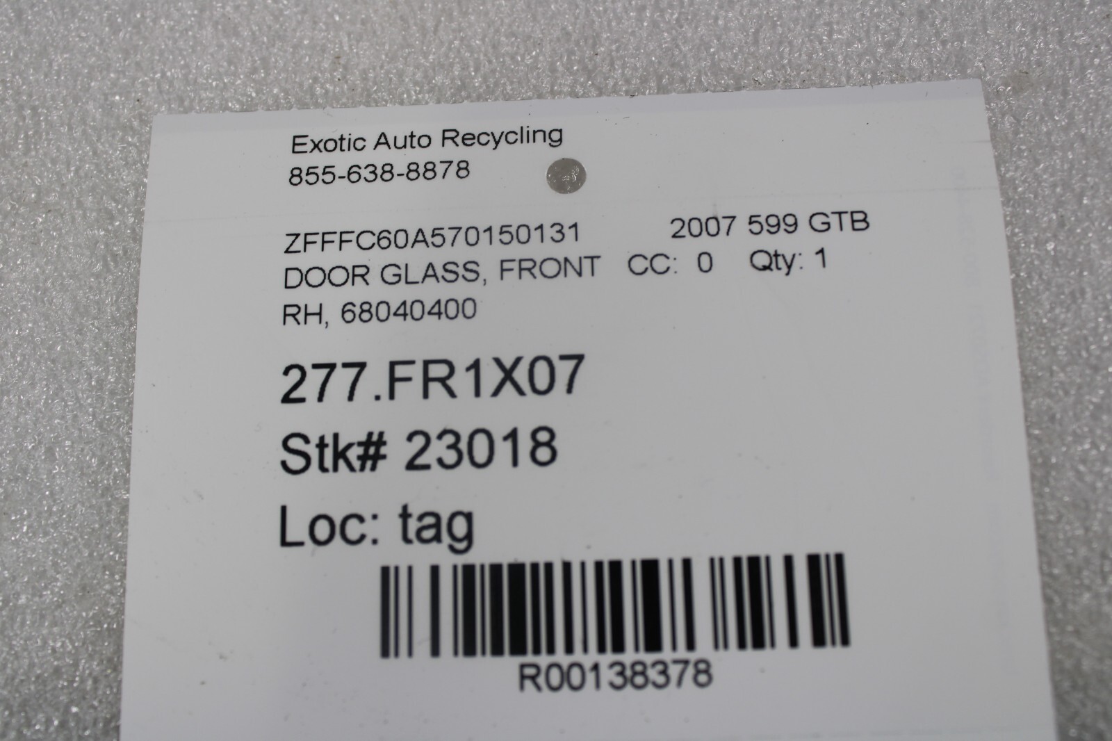 Ferrari 599 GTB, RH, Right, Front Door Glass, Used, P/N 68040400