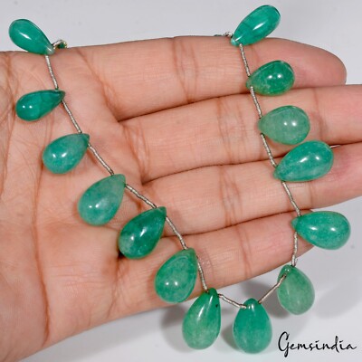 190 Ct/15 Pcs Natural Green Quartz Pear Drop Cab Drill Bead/Briolette Strand 9''