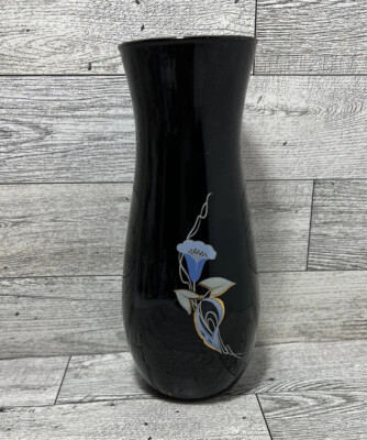 Vintage Black Glass Vase with Blue Calla Lily High Gloss 7 InX 3 In Hand painted