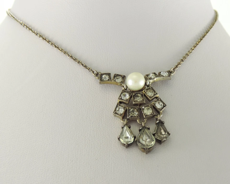 Antik  Collier mit  Strasssteine & Perle 835er Silber  43 cm - Bild 2 von 4