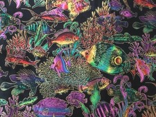 3 YDS Hoffman International Fabric Engraved Tropicals Fish Pattern Hawaiian 42”