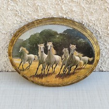 QUADRO OVALE DIPINTO  AD OLIO CAVALLI  BIANCHI BOMBATO CORNICE LEGNO