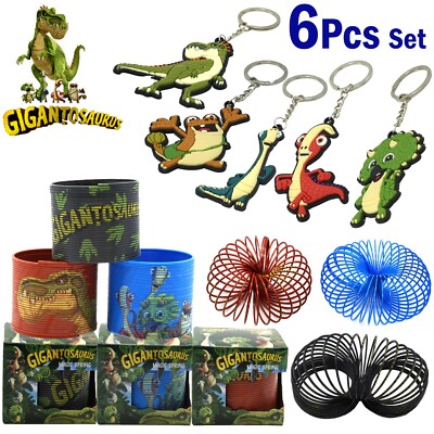 6-teiliges Set Gigantosaurus 2D Gummi Schlüsselanhänger & magische Feder Spule Spielspielzeug Weihnachtsgeschenk