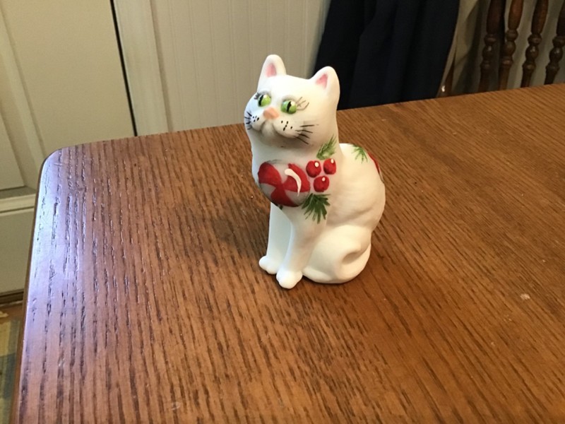 Mosser Glass Matte White  3” Sitting Cat, Peppermint Candy HP,  Signed,  #11/12