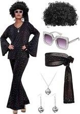 70s costume Disco Party Top Pants Sunglasses Ball Necklace Earring 2XL Jexine