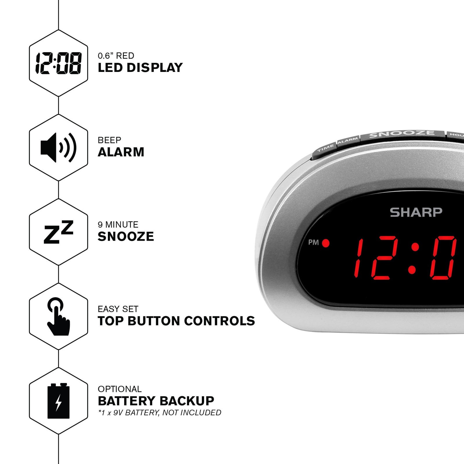 SHARP Digital Alarm Clock, Cloud White, Easy to Set Controls, Red LED Display