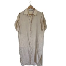 Zara Cream Linen Blend Button Down Midi Shirt Dress with Pockets XS