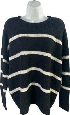 CeCe Women s Black/White Sequin Stripe Long Sleeve Sweater - S