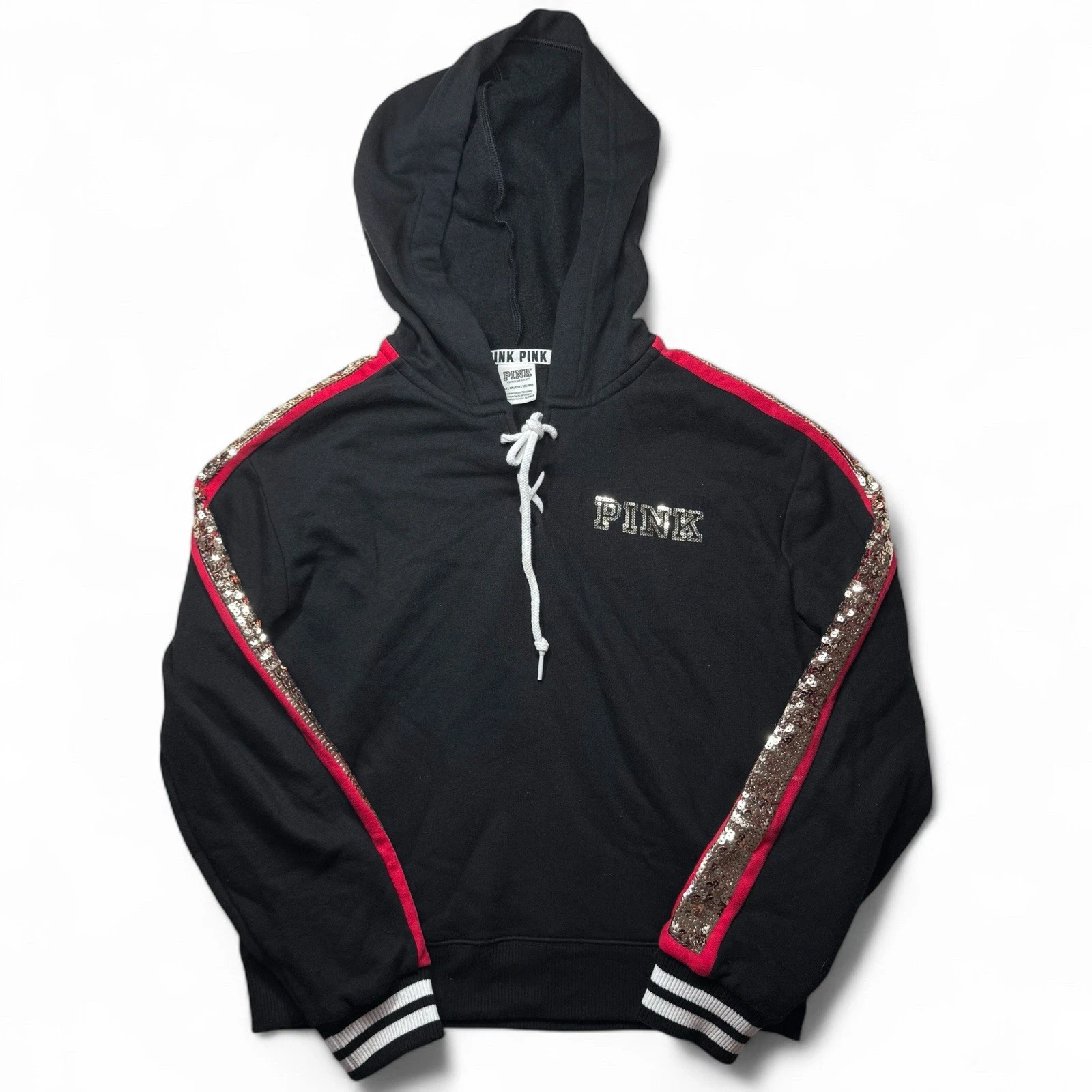 UNDERCOVER Felpa con cappuccio e paillettes Victoria Secret LOVE PINK nera rossa oro rosa Taglia XS
