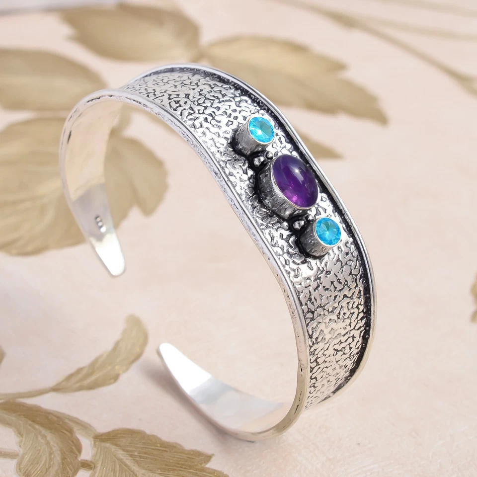 Bracciale in argento sterling 925 con pietra preziosa ametista e topazio... - Immagine 3 di 4