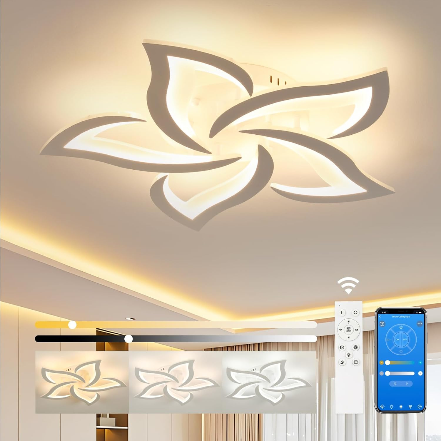Lampadario Soggiorno Moderno, Plafoniera LED Soffitto Dimmerabile 3000K-6500K Co