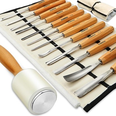 Wood Carving Tools Set of 12 Chisels and Wood Mallet with Canvas Case Gouges