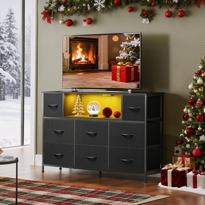 Black Dresser TV Stand for 45, 50, 55 Inch TV, Entertainment Center with  LED Lig