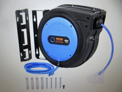 VEVOR 80 ft. 12 / 3 15 Amp Retractable Extension Cord Reel Heavy-Duty Triple Tap