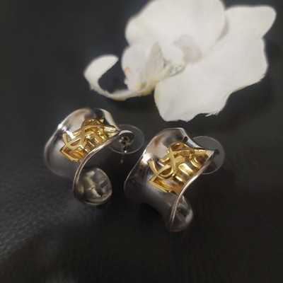 Yves Saint Laurent YSL Logo Two-Tone Silver Gold Monogram Hoop  Earrings