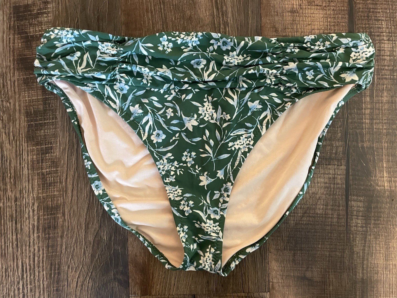Garnet Hill Womens Floral Lined Nylon Blend Ruched Bikini Bottom Bright Green 14
