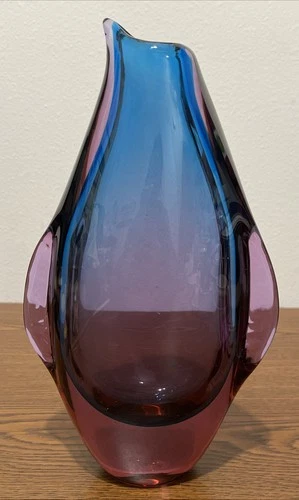 Vintage Flavio Poli "Penguin" Purple & blue Murano Glass Vase 10.5 Inches