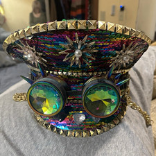 Multicolor Sequin Steampunk Top Hat w/ Goggles, One Size Halloween