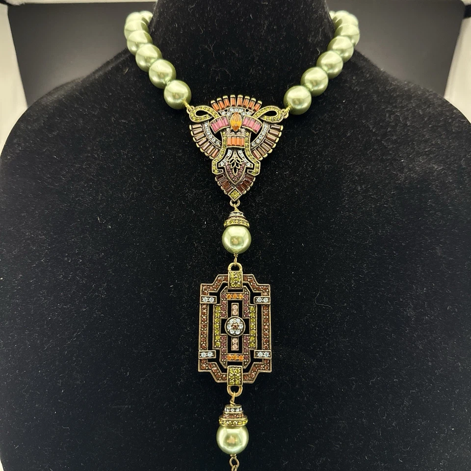 Collar Heidi Daus Doble Colgante Deco Borla Y Verde Perla Pasarela Declaración Foto 3 de 4
