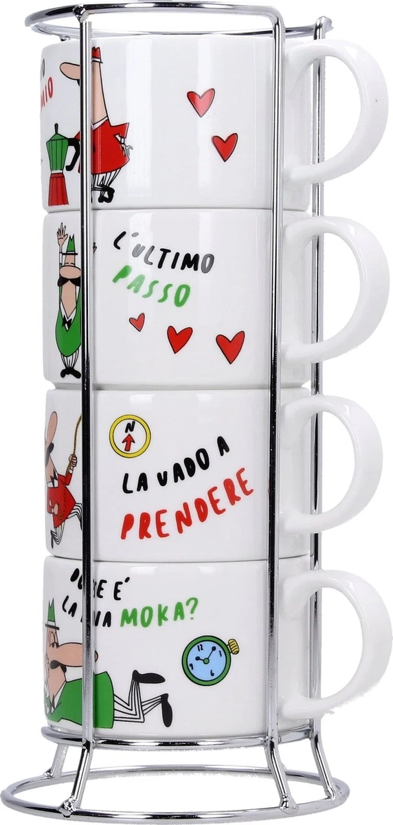 BIALETTI Cappuccino Kaffee Tassen 4'er Set mit Ständer Porzellan Italia TAZZ203