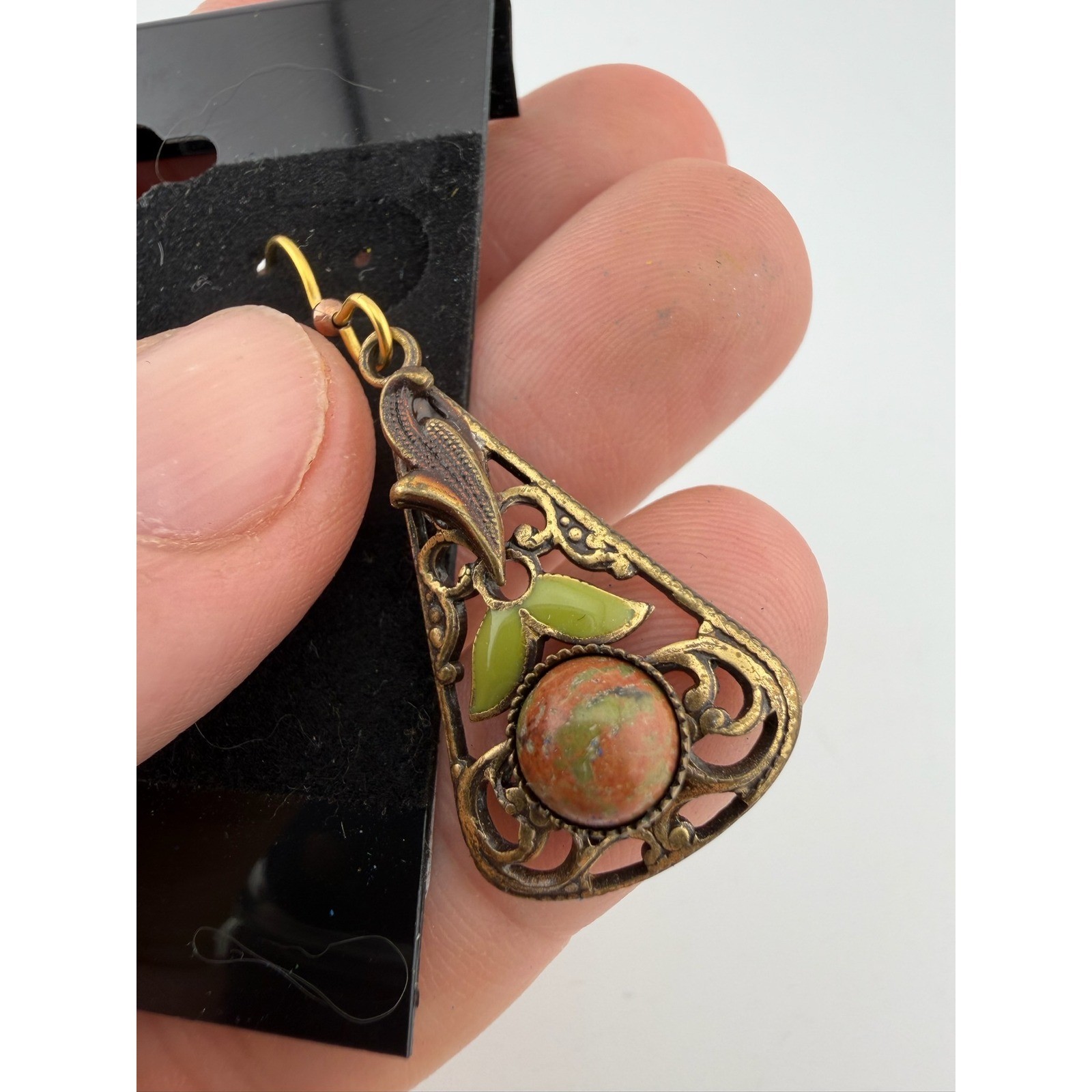 Boho Triangle Earrings Dangle Stone Gem Enamel Le… - image 4