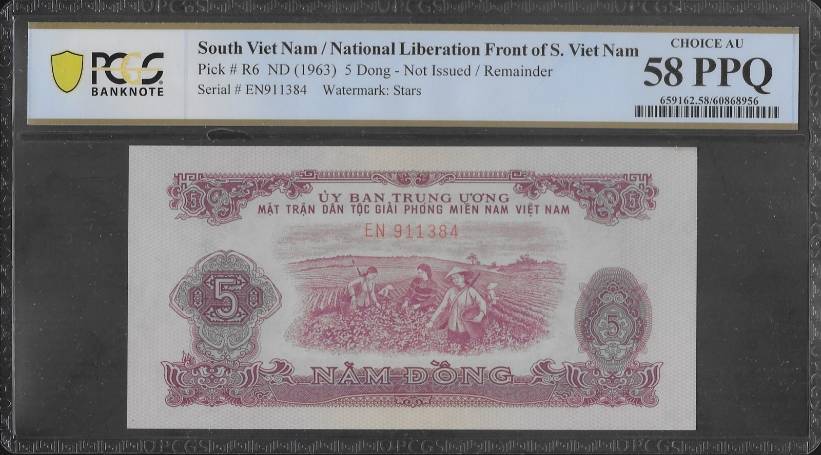 South Vietnam P-R6 5 Dong NLF 1963 PCGS 58 PPQ