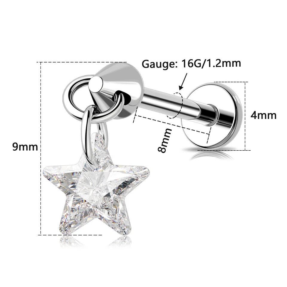 Lip Stud G23 Titanium Star CZ 16G Lobe Helix Cartilage Tragus Snug Piercing - Image 3 of 4