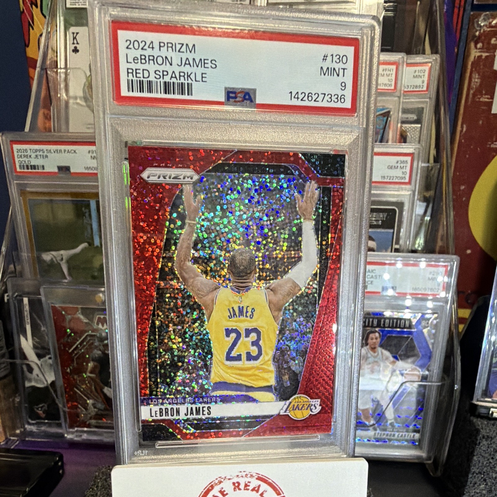 Panini 2024-25 Prizm LeBron James Lakers #130 Red Sparkle Prizm PSA 9